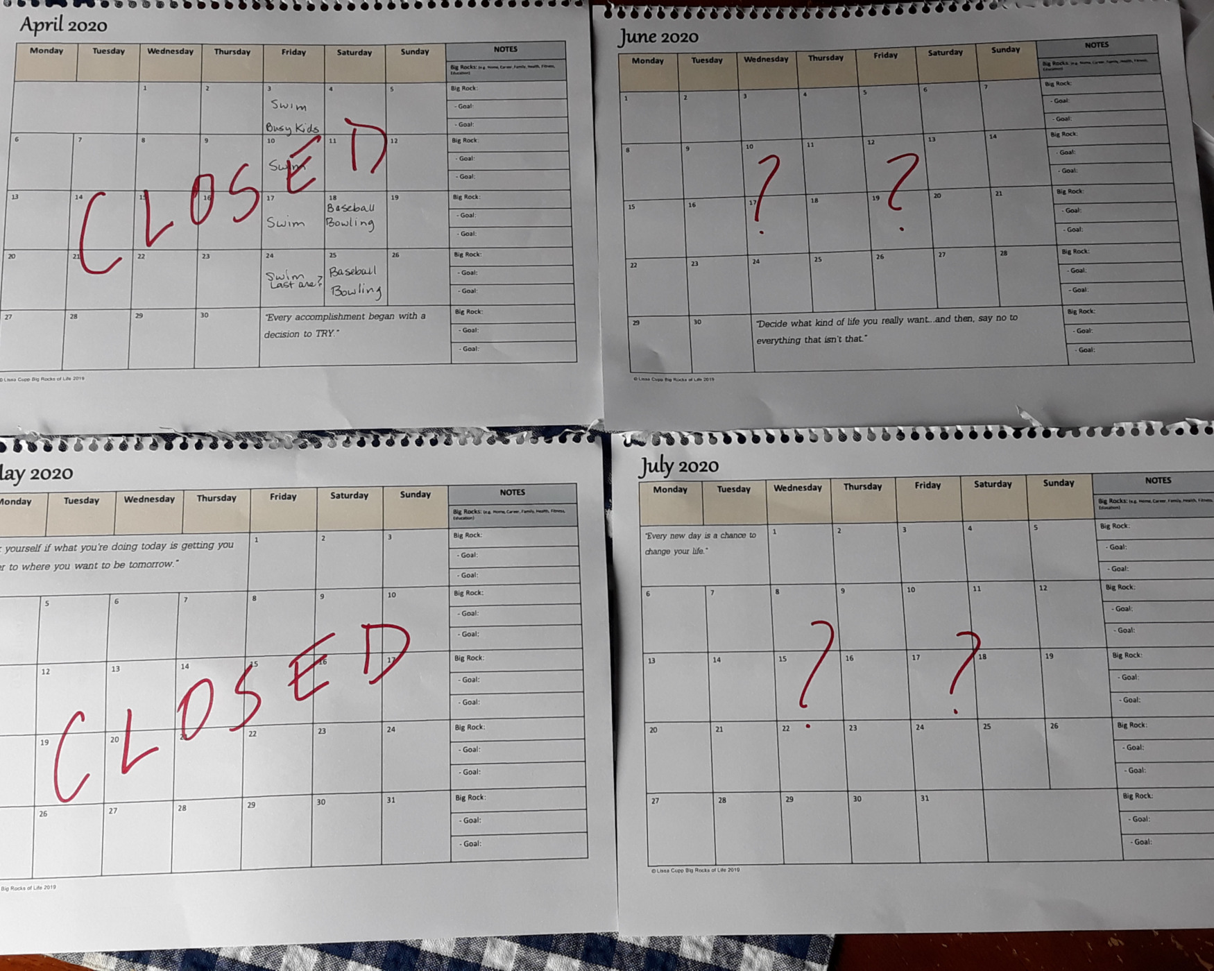Calendar pages with Closed and ?? written across them