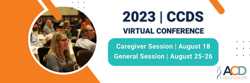 Parent watching a researcher's presentation at the symposium. Text says 2023 | CCDS Virtual Conference Caregiver Session | August 18 General Session | August 25-26