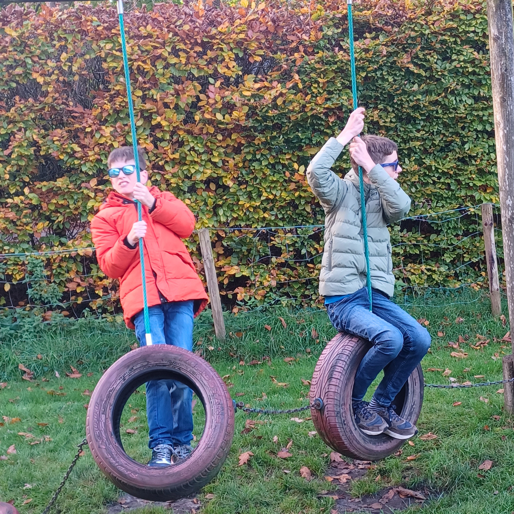 Stijn and Julian on tire swings.